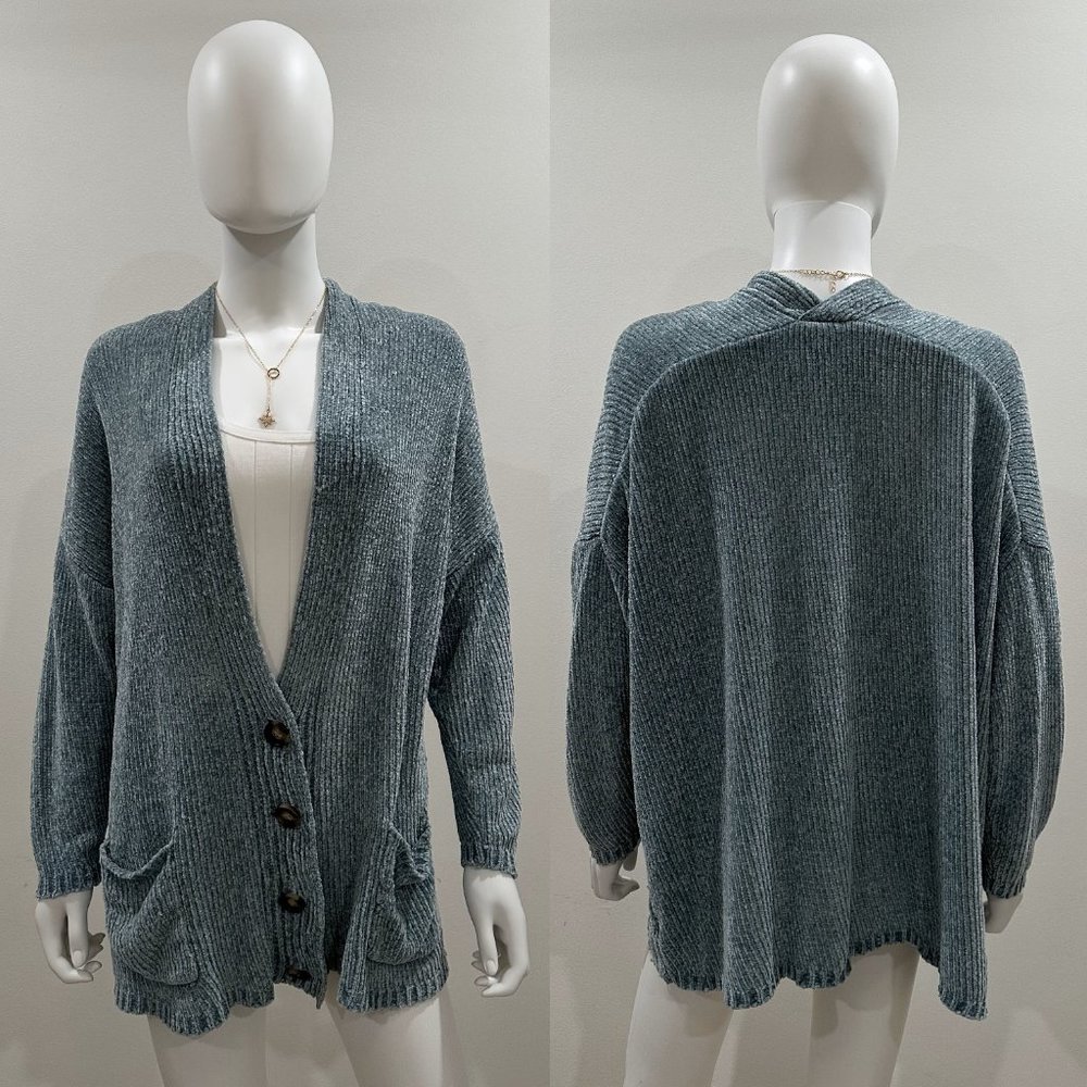 Wild Fable Chenille Cardigan - size medium - blue - buttons long sleeve pockets